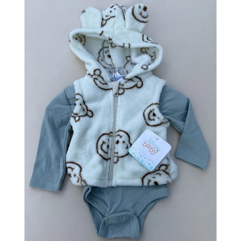 New Disney Baby Winnie the Pooh 2 Piece Set 6-9mos  Bodysuit & Hoodie W Ears